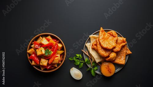 chinese traditional food on dark background, top view, banner isolated with white shades, png photo