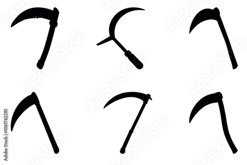 Collection of six stylized sickle and scythe silhouettes on a white background