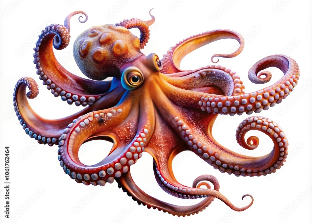 Obraz premium Stunning Panoramic Photography of Isolated Octopus on White Background, Perfect for Underwater Themes, Marine Life, Ocean Creatures, and Educational Materials