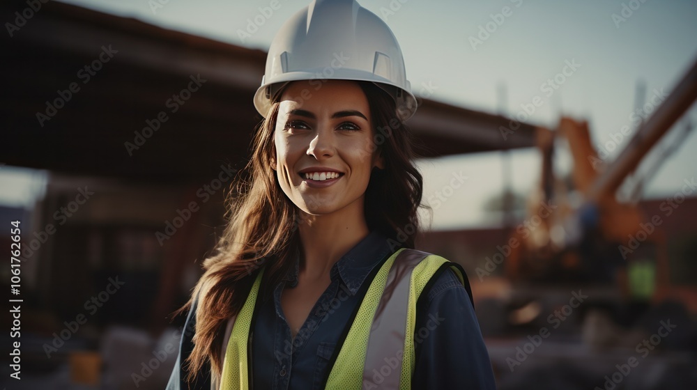 female architect stands confidently at a construction site, wearing a hard hat and safety vest, with blueprints in hand.