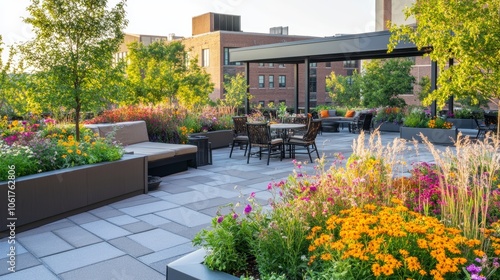 Fototapeta Naklejka Na Ścianę i Meble -  Cozy rooftop garden with flowers and seating areas background