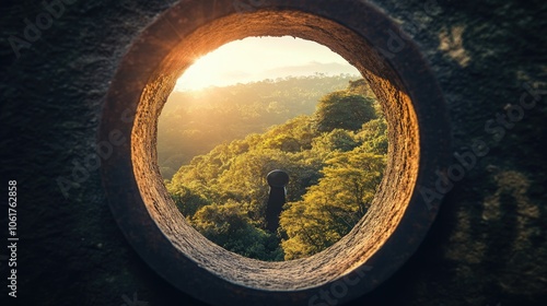 Keyhole view of sunlit landscape, [success opportunity], [concept of visualizing and unlocking potential]