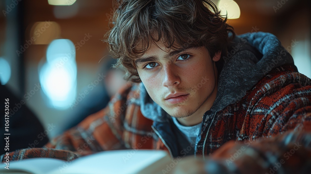 Young man with wavy hair in casual attire, gazing thoughtfully. Dimly lit background adds depth, capturing a moment of introspection. Young man with wavy hair in casual attire, gazing thoughtfully. Dimly lit background adds depth, capturing a moment of introspection.