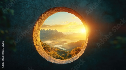 Keyhole view of sunlit landscape, [success opportunity], [concept of visualizing and unlocking potential]