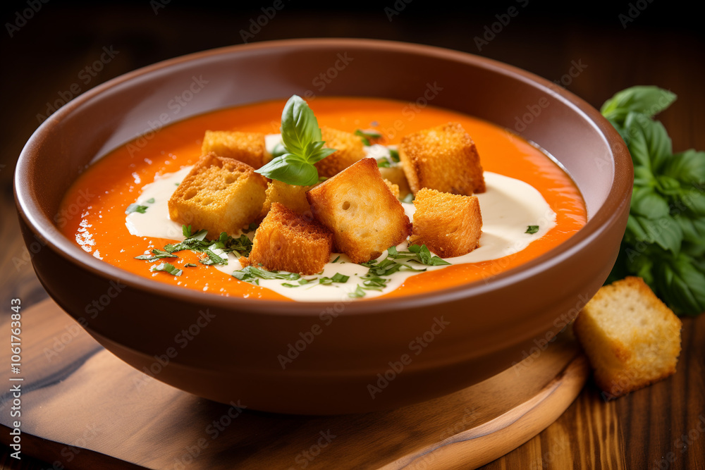 Seasonal menu: Close-up of a smooth and velvety tomato soup, topped with a swirl of cream and crispy croutons, presented on a wooden table Seasonal menu: Close-up of a smooth and velvety tomato soup, topped with a swirl of cream and crispy croutons, presented on a wooden table