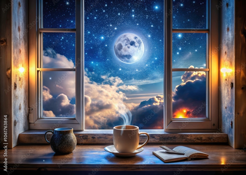 Fototapeta premium Surreal Scene of a Mug on a Windowsill Under a Glowing Full Moon with Dreamy Night Sky