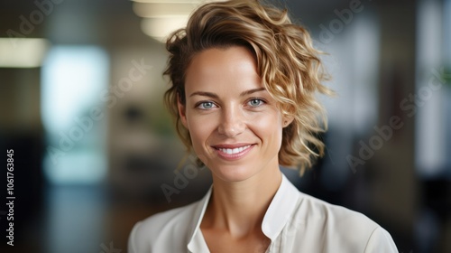 Free Download businesswoman with a warm, steady smile is walking through a bustling office hallway, - GFXLoad