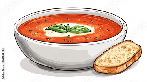 Bowl of Tomato Soup with Basil and Crusty Bread
