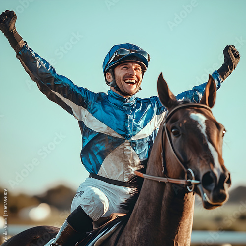 A horse racing Jockey celebrating a win