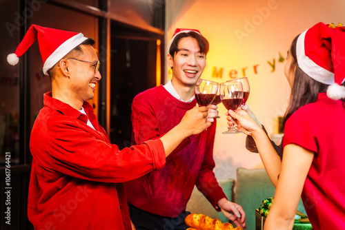 An upbeat New Year’s Eve celebration with Asian friends, family, colleagues, blending work and holiday vibes.while table brims with champagne, wine, gift boxes, delicious foods grilled chicken