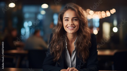 a charming businesswoman with a warm smile, dressed in a professional blazer, her long hair elegantly styled. She is seated at a conference table