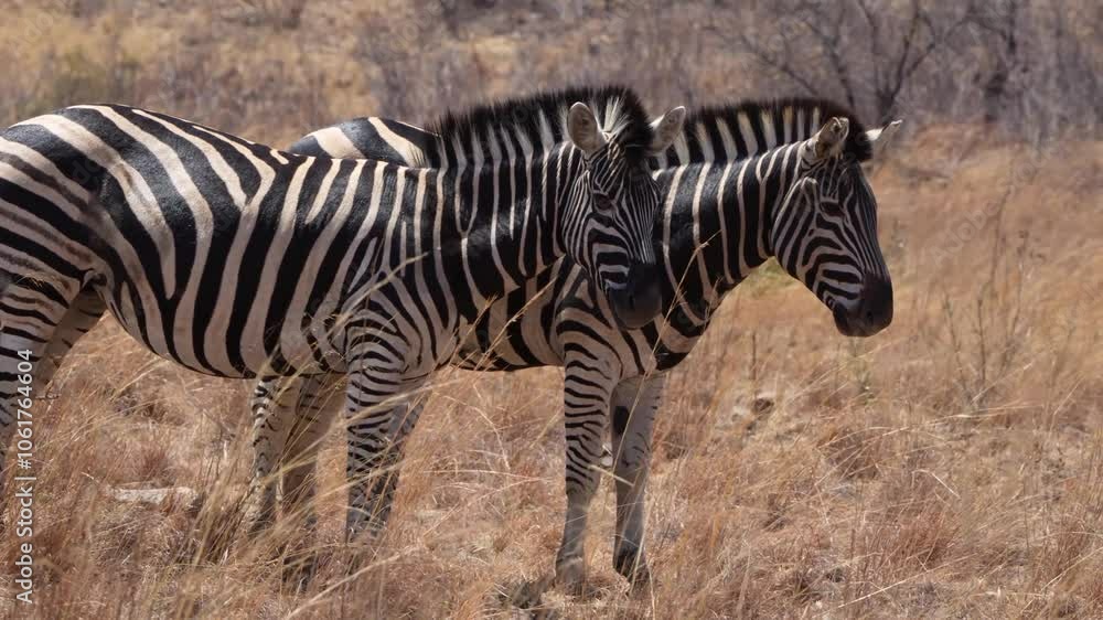 A 4K High Res clip of a herd of zebras walking through the bushveld, gracefully crossing a dirt road during a safari game drive in South Africa A 4K High Res clip of a herd of zebras walking through the bushveld, gracefully crossing a dirt road during a safari game drive in South Africa
