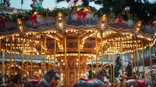 Festive carousel decorated with lights and holiday decorations background