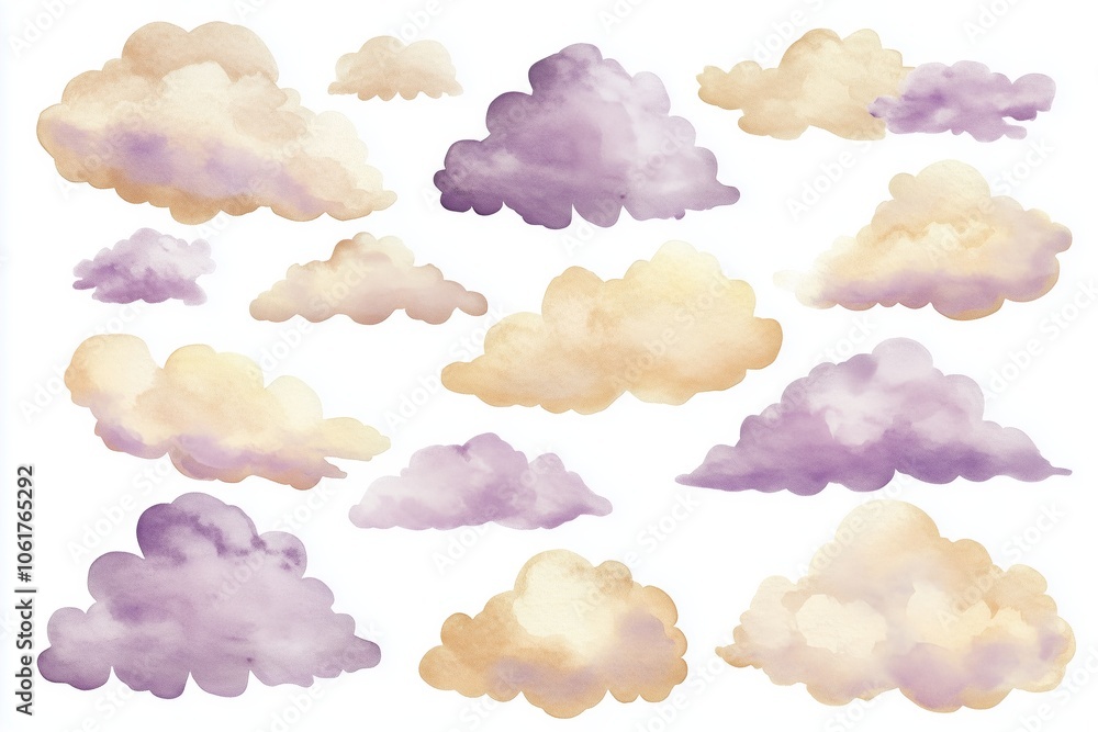 A set of watercolor illustrations clipart with cute beige and violet clouds. For prints, packaging, poster, clothes, postcards, baby shower, fabric A set of watercolor illustrations clipart with cute beige and violet clouds. For prints, packaging, poster, clothes, postcards, baby shower, fabric