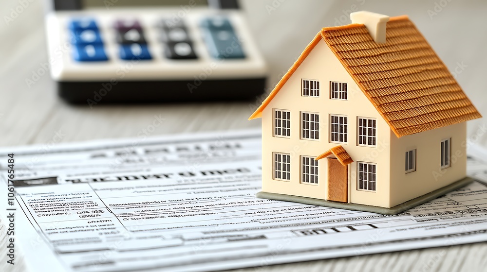 A miniature house model on top of a document with a calculator in the background.
