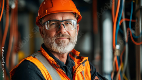 A confident construction worker wearing an orange hard hat and safety glasses stands amidst colorful electrical wires. His expression reflects pride in his work and dedication to safety photo