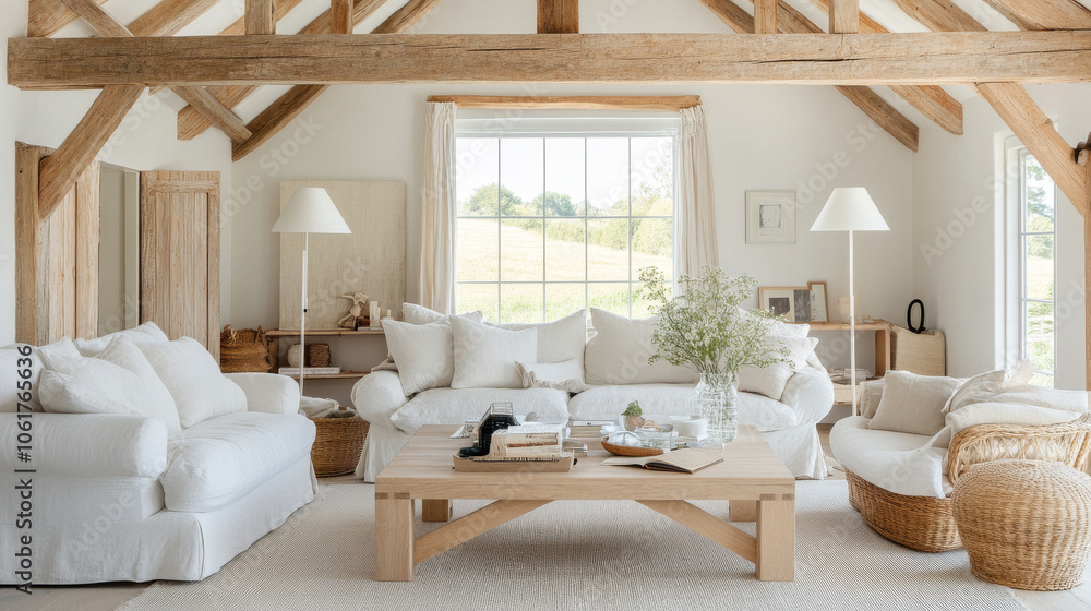 Fototapeta premium A cozy living room featuring bright, airy design with white sofas, wooden beams, and natural light streaming through large windows. space exudes warmth and tranquility