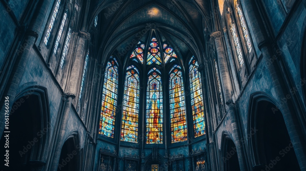Gothic cathedral with stunning stained glass windows background Gothic cathedral with stunning stained glass windows background