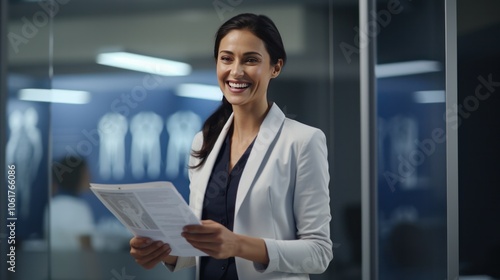 Free Download A focused doctor in a white coat stands in a modern clinic, interacting with a tablet that projects a vibrant holographic interface displaying patient data. - GFXLoad