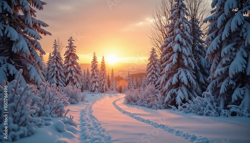 Winter landscape with snowy trees and a sunset over a winding path
