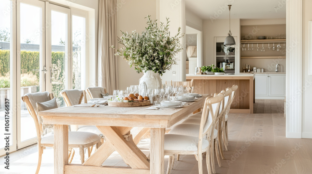 A beautifully designed dining area featuring wooden table adorned with floral centerpiece, surrounded by elegant chairs. open space leads to modern kitchen, creating warm and inviting atmosphere A beautifully designed dining area featuring wooden table adorned with floral centerpiece, surrounded by elegant chairs. open space leads to modern kitchen, creating warm and inviting atmosphere