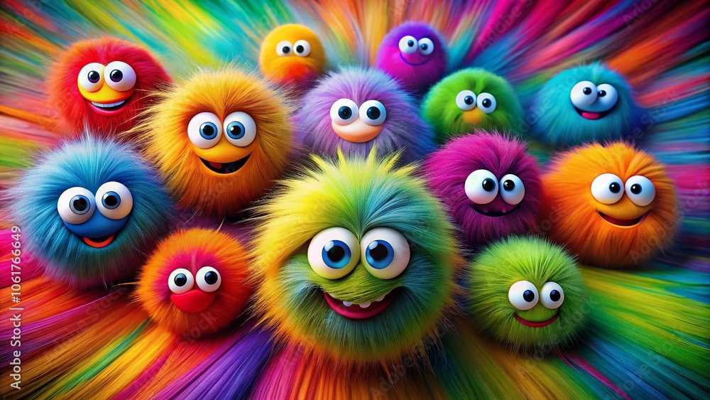 Naklejka premium Colorful Cartoon Shaggy Balls with Eyes in Long Exposure Fun – Vibrant, Playful, and Whimsical Characters for Creative Projects