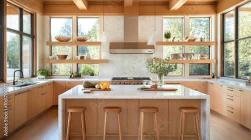 Modern kitchen design features natural wood cabinetry, marble countertops, and large windows. space is bright and inviting, perfect for cooking and entertaining