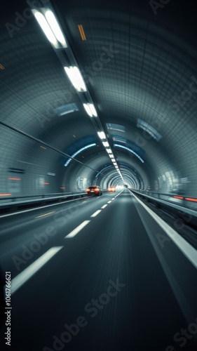 A car drives through a long tunnel with bright lights overhead