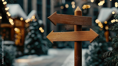 A wooden signpost with two arrows pointing in opposite directions, set against a festive, snow-covered backdrop with warm lights.