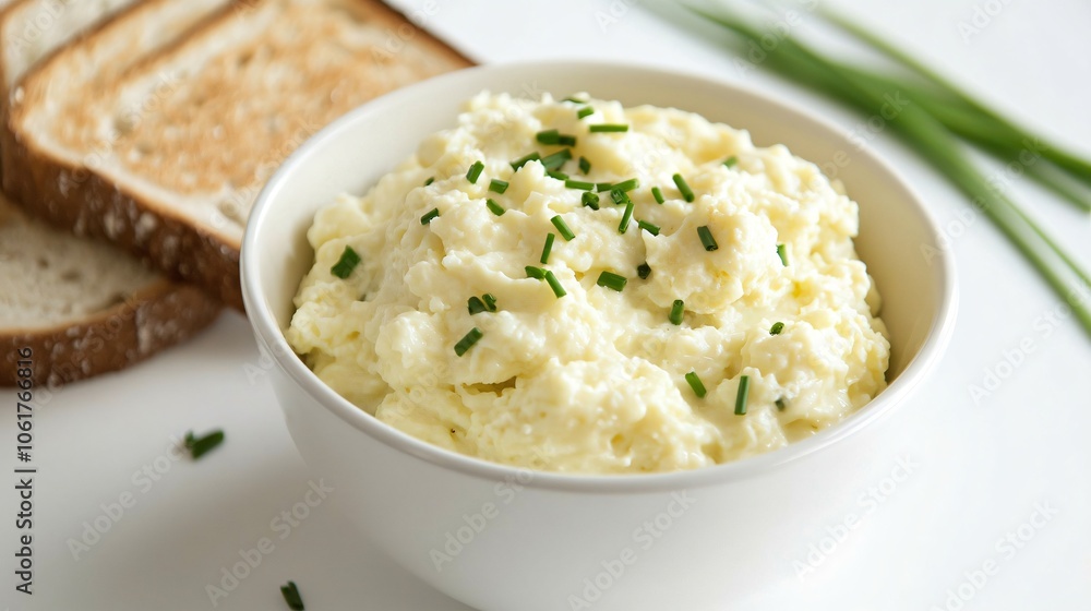 Creamy Egg Salad with Chives in White Bowl Creamy Egg Salad with Chives in White Bowl