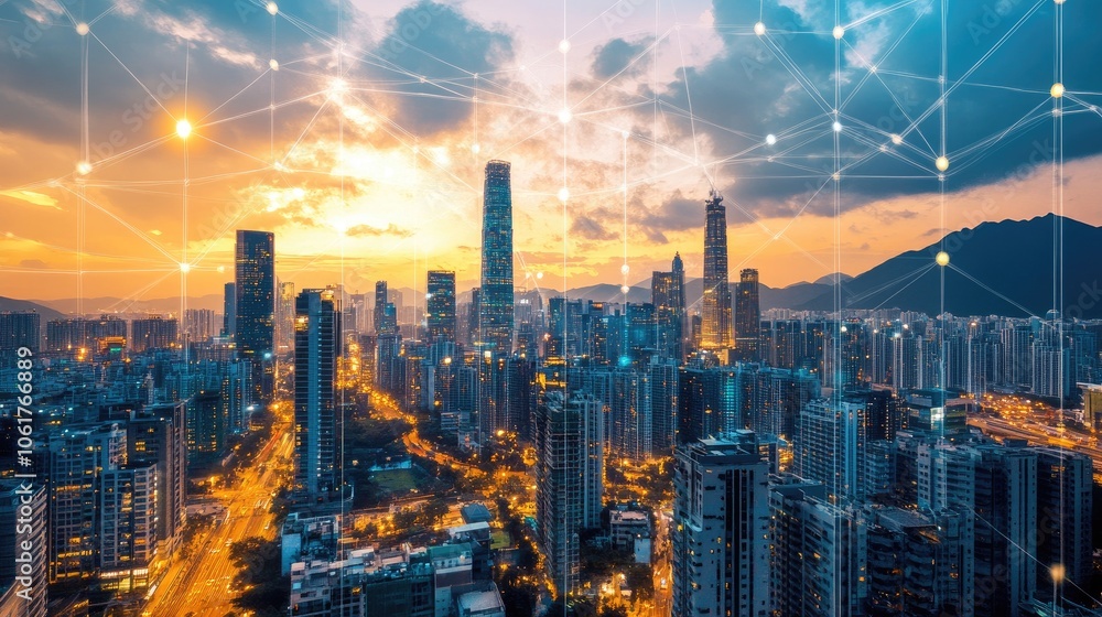 custom made wallpaper toronto digitalUrban Skyline at Sunset with Modern Connectivity Theme