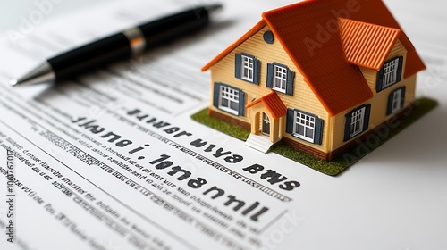 A miniature house on a contract with a pen, symbolizing real estate transactions.