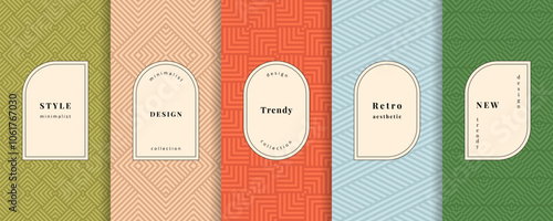 Vector geometric seamless patterns. Set of trending designs, abstract backgrounds with elegant minimal labels, frames. Abstract retro modern style line ornament textures. Geo design for print, decor