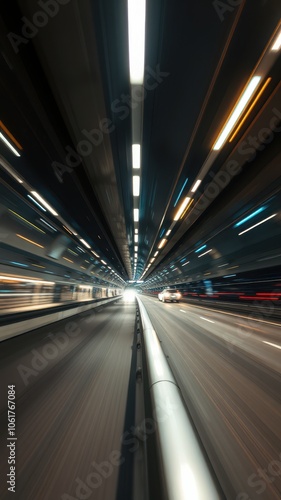 A car drives through a long, dark tunnel illuminated by bright lights