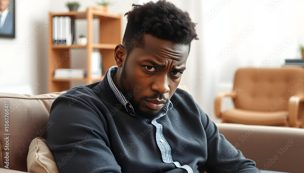 Frustrated african american man sitting on couch at psychologist office isolated with white highlights, png Frustrated african american man sitting on couch at psychologist office isolated with white highlights, png