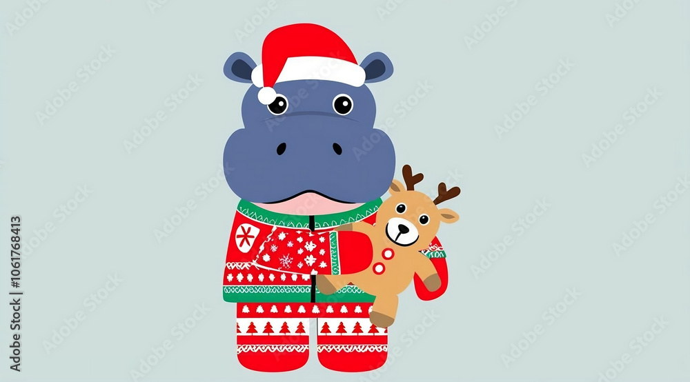 Fototapeta premium A cheerful hippo in a festive sweater and Santa hat holds a reindeer toy, embodying a whimsical holiday spirit.