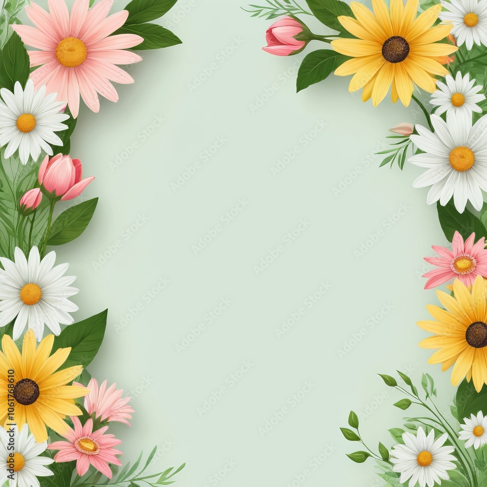 Vibrant floral frame on a soft green background.