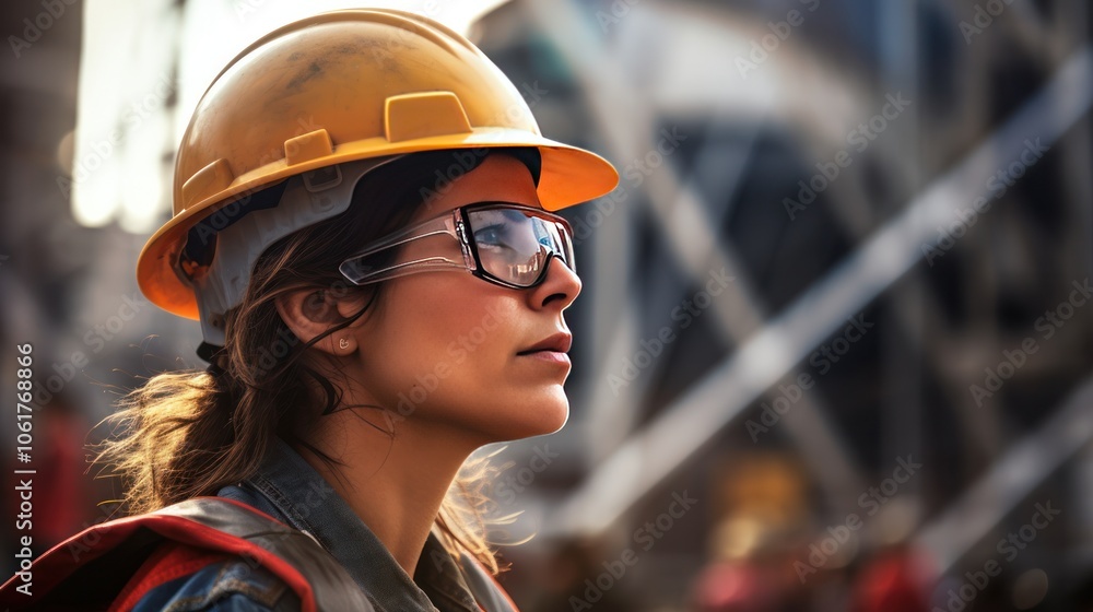 a determined female architect analyzing a construction site, her face expressing a blend of concentration and pride. She wears a hard hat and safety goggles, a determined female architect analyzing a construction site, her face expressing a blend of concentration and pride. She wears a hard hat and safety goggles,