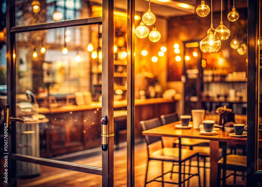 Cozy Coffee Shop Entrance with Double Exposure Effect Featuring Coffee Menu on Glass Door for a Warm Ambiance Cozy Coffee Shop Entrance with Double Exposure Effect Featuring Coffee Menu on Glass Door for a Warm Ambiance