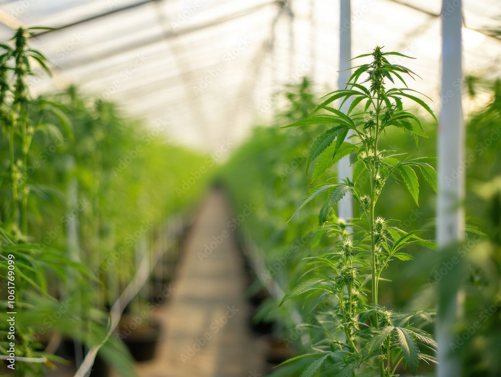 Naklejka premium Vibrant cannabis plants thrive in a lush greenhouse during golden hour