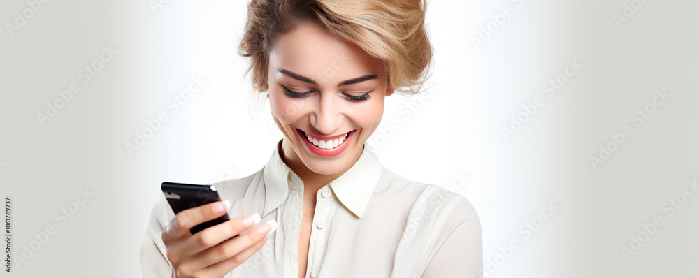 Smiling young woman using a smartphone in a bright indoor setting during the day Smiling young woman using a smartphone in a bright indoor setting during the day