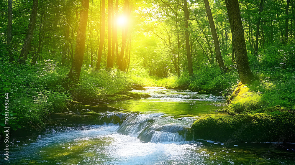 A clear water stream meandering through a vibrant green forest with lush foliage and sunlight dappling the water Stock Photo with copy space A clear water stream meandering through a vibrant green forest with lush foliage and sunlight dappling the water Stock Photo with copy space