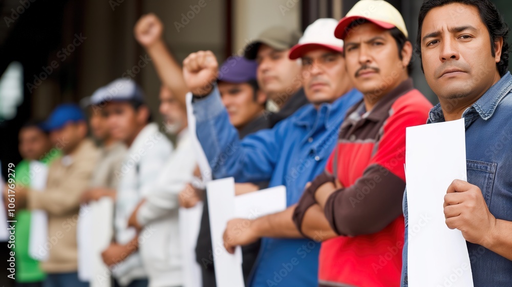 Group of workers standing in front of a factory, holding blank signs, expressing frustration and disagreement, highlighting labor issues and workplace conflicts. Group of workers standing in front of a factory, holding blank signs, expressing frustration and disagreement, highlighting labor issues and workplace conflicts.