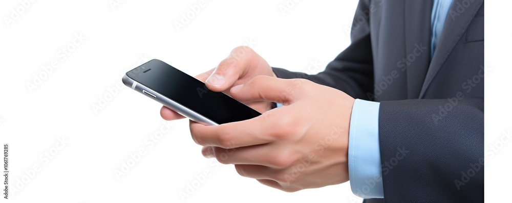 A businessman engaged in texting on a smartphone while dressed in a formal suit against a plain background A businessman engaged in texting on a smartphone while dressed in a formal suit against a plain background