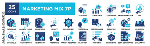 Marketing Mix 7P icon collection set. Containing design marketing, product, business, promotion, price	