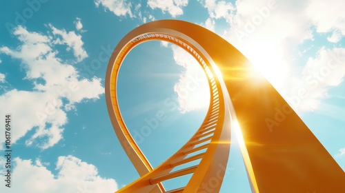 Golden ladder leading to bright sky, [success ambition], [symbol of moving upwards towards dreams and goals] 