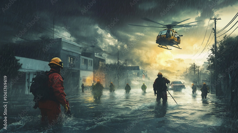 Fototapeta premium RESCUERS IN FLOODED AREA