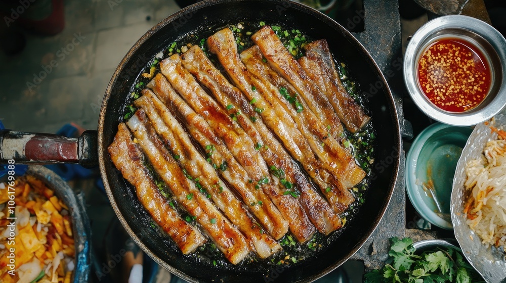 Grilled Fish Fillets with Green Onions in Pan Grilled Fish Fillets with Green Onions in Pan