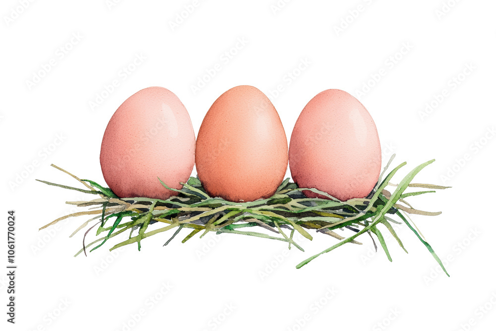 Flock of Three Pink Eggs on Grass Nest Flock of Three Pink Eggs on Grass Nest