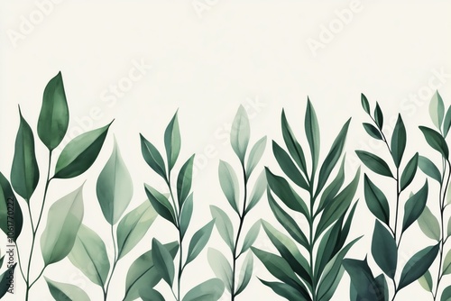 Green plant and leafs pattern. Pencil, hand drawn natural illustration. Simple organic plants design. Botany vintage graphic art. 4k wallpaper, background. Simple, minimal, clean design